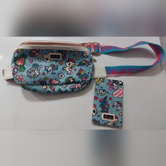 Tokidoki Denim Daze Blue Fanny Waist Sling Belt Bag With Matching Bifold Wallet